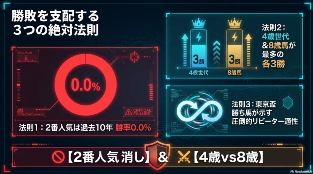 過去10年の東京スプリントから導き出した3つの法則。1.「2番人気は勝率0%」、2.「4歳馬と8歳馬が最多勝」、3.「東京盃勝ち馬のリピーター適性」を数字とキーワードで強調。データが示す「2番人気の呪い」を物理法則で解説している