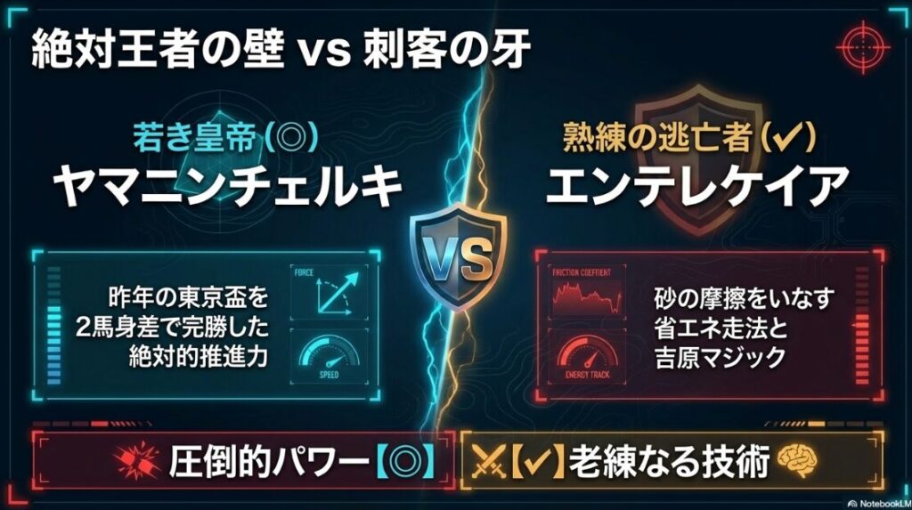 本命馬◎ヤマニンチェルキと穴馬✔エンテレケイアの対比図。若き筋肉が生み出す「爆発的な推進力」を持つ皇帝と、大井の砂をいなす「熟練の経験値」を持つ逃亡者、それぞれの能力差を視覚的な対立構造で表現