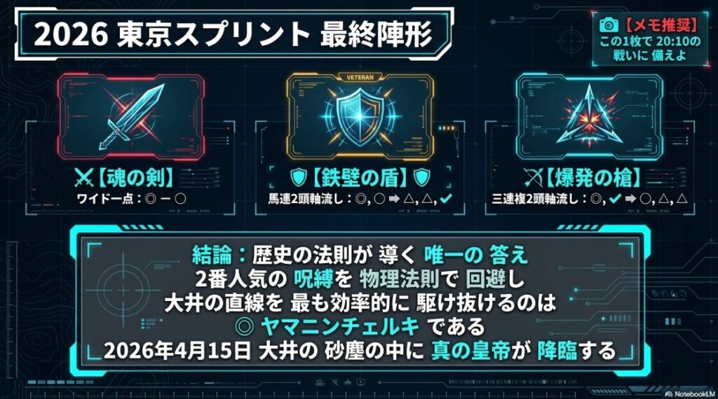 2026年東京スプリントの最終陣形。ワイド一点の「魂の剣(◎-◯)」、馬連流しの「鉄壁の盾」、三連複2頭軸流しの「爆発の槍」の具体的な買い目とアイコンが配置され、スクリーンショットでメモができるデザイン
最終印◎ヤマニンチェルキを中央に配置し、歴史の法則と物理法則が導き出した唯一の答えを再確認。「2026年4月15日、大井の砂塵に真の皇帝が降臨する」という結論で締める