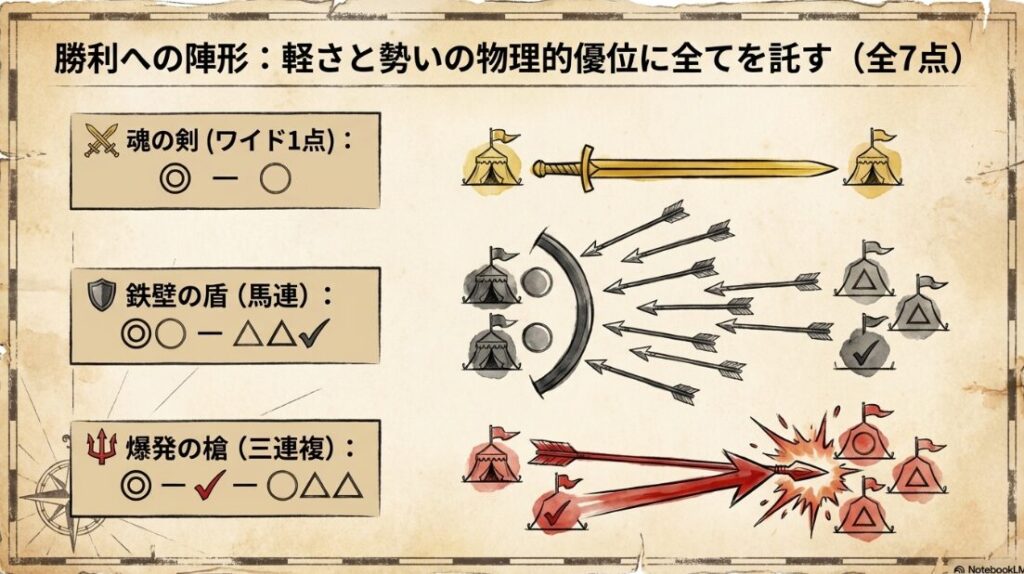 勝利への 陣形を 示す 最終結論画面 「魂の剣（ワイド1点）」 「鉄壁の盾（馬連）」 「爆発の槍（三連複）」 の 3つの 武器アイコンと 具体的な 買い目数字 スクリーンショットに 最適な 整理された レイアウト