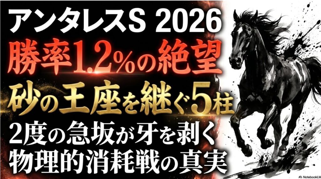 2026年 アンタレスステークス 競馬予想 スライド表紙。 暗闇の 厩舎に 佇む 威厳ある 競走馬の 迫力ある 水墨画。 テキスト:アンタレスS 2026 勝率 1.2% の 絶望 砂の 王座を 継ぐ 5柱。 2度の 急坂が 牙を 剥く 物理的 消耗戦の 真実