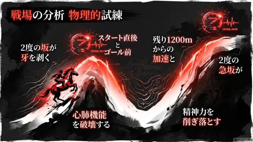 阪神競馬場 ダート1800メートル コース図と 激しく 砂塵を 巻き上げ 走る 競走馬の 墨絵。 テキスト:2度の 坂が 牙を 剥く スタート直後 と ゴール前 心肺機能 を 破壊する 物理的 試練。 解説:残り1200m からの 加速と 2度の 急坂が 精神力を 削ぎ落とす