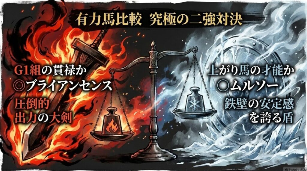 二頭の 強力な 競走馬が 向かい合い 視線を 交わす 緊張感ある 水墨画。 テキスト:G1組 の 貫禄か 上がり馬 の 才能か。 ◎ ブライアンセンス の 圧倒的 出力 ◯ ムルソー の 鉄壁の 安定感