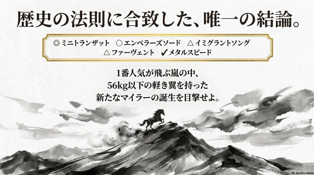最終印 ◎◯△△✔︎ が 中央に 鎮座する 結びの 画面 「歴史の 法則に 合致した 唯一の 結論」 という 文字と共に 新たな マイラーの 誕生を 予感させる 輝く 中山競馬場の ゴールシーン