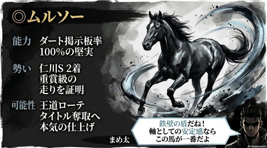 安定した フォームで 砂の上を 駆ける 競走馬 ムルソー の 精緻な 水墨画。 テキスト:◯ ムルソー ダート 掲示板率 100% の 堅実。 まめ太:鉄壁の 盾だね 軸としての 安定感なら この馬が 一番だよ