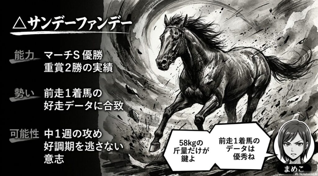 前を見据え 闘志を 燃やす 競走馬 サンデーファンデー の 躍動感ある 水墨画。 テキスト:△ サンデーファンデー マーチS 優勝 重賞 2勝の 実績。 まめこ:前走 1着馬の データは 優秀ね 58kgの 斤量だけが 鍵よ