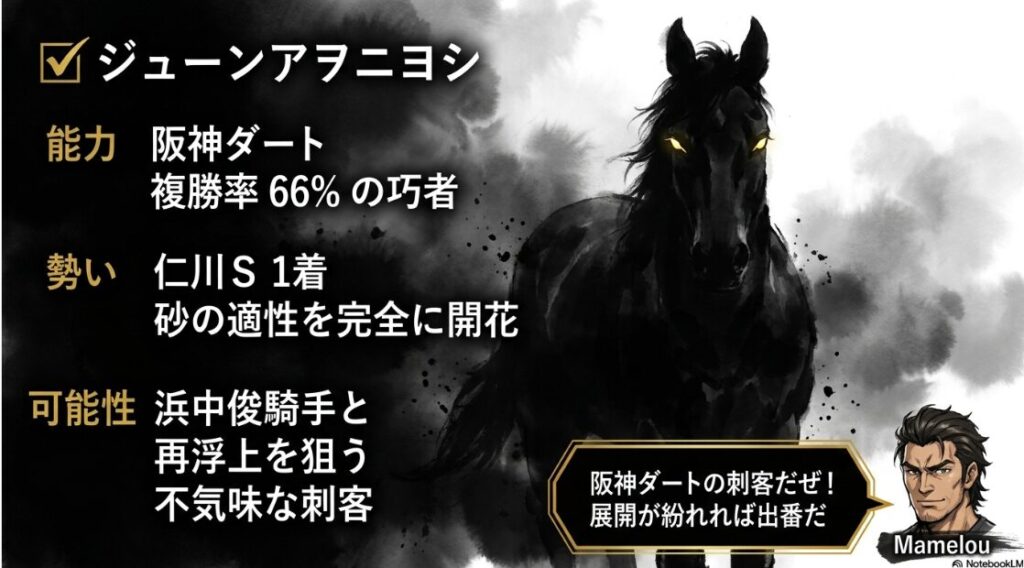 不気味な 霧の中から 姿を現す 競走馬 ジューンアヲニヨシ の 幻想的な 水墨画。 テキスト:✔ ジューンアヲニヨシ 阪神ダート 複勝率 66% の 巧者。 まめ郎:阪神ダートの 刺客だぜ 展開が 紛れれば 出番だ