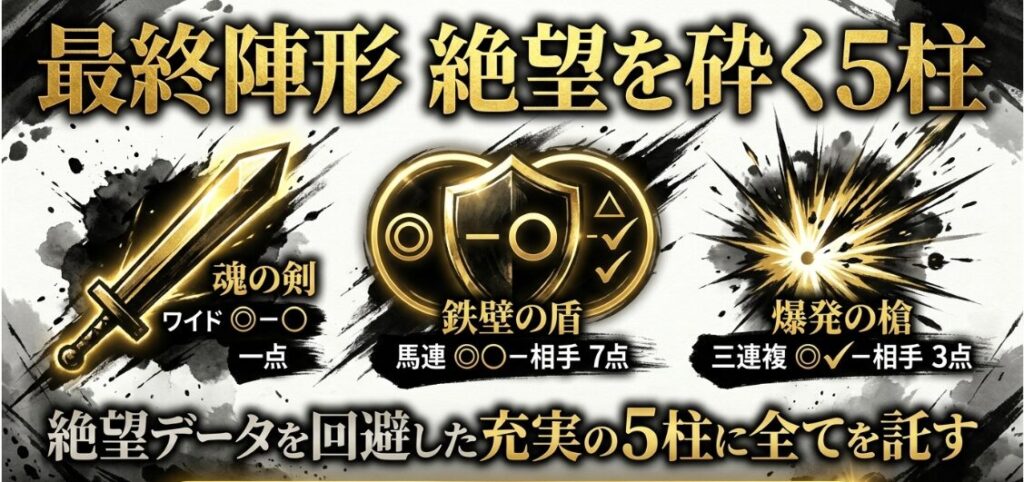 机の上に 置かれた 最終的な 印と 買い目が 書かれた 巻物と 日本茶の 静謐な 水墨画。 テキスト:【魂の剣】 ワイド ◎-◯ 一点 【鉄壁の盾】 馬連 ◎◯-相手 7点 【爆発の槍】 三連複 ◎✔-相手 3点。 絶望データを 回避した 充実の 5柱に 全てを 託す
