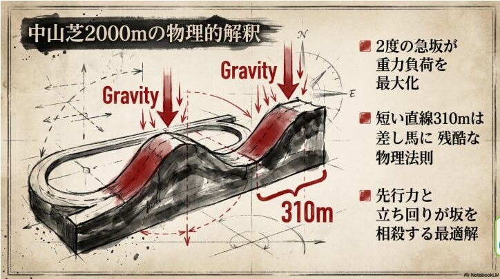 中山競馬場芝2000mの3D断面インフォグラフィック。スタート直後とゴール前の2度の急坂と、物理的負荷を相殺する先行力の重要性を図解
