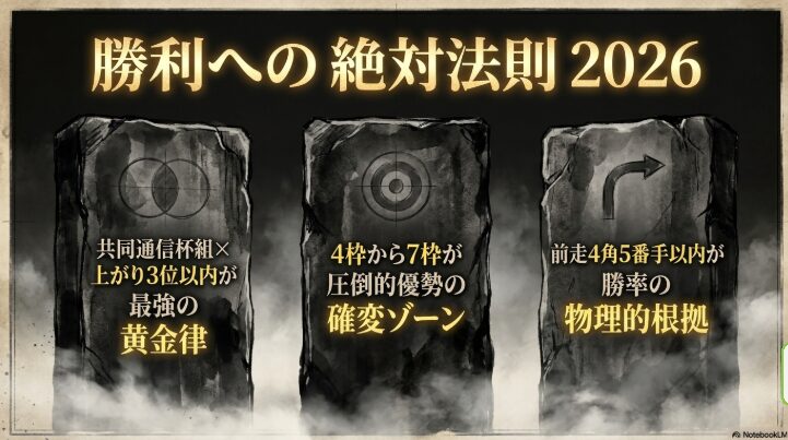 過去10年の皐月賞データ傾向グラフ。共同通信杯組の優位性と、4枠から7枠の好走率を示すアイコン
