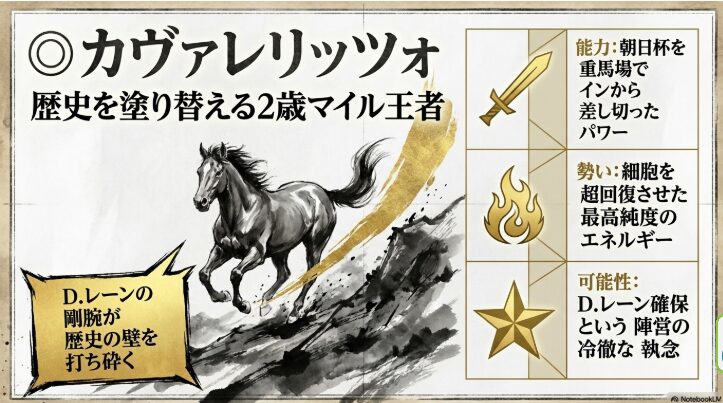 カヴァレリッツォの個別分析。D.レーン騎手と細胞の超回復を強調するテキストと、力強く疾走する馬のシルエット