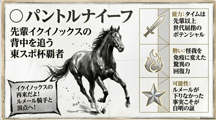 パントルナイーフの個別分析。イクイノックスと同じ東スポ杯からのぶっつけローテと、ルメール騎手の信頼を示す図解