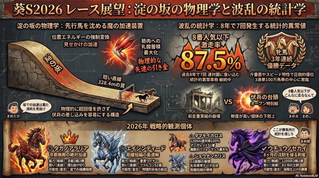 1. タイトル: 戦場の 真実
葵S2026 レース展望: 淀の坂の 物理学と 波乱の 統計学 統計外の 挙動を 支配する 物理的 根拠の 全貌
,
2. コース 解析: 淀の 坂の 罠
【上り坂】 スタート直後の 物理的 負荷 前目の 位置を 取るための ダッシュ力が 酸素負債を 招く
【下り坂】 3コーナー 淀の 坂による 見せかけの 加速 位置エネルギーが 運動エネルギーへ 変換され 筋肉が 錯覚を 起こす
,
【直線】 328.4mの 物理的 限界 蓄積した 乳酸が 牙を 剥き 先行馬を 物理的に 失速させる
,
3. 統計的 異常値: 波乱の アルゴリズム
【人気の 罠】 過去8年で 7回 発生した 衝撃の 事実 8番人気以下の 伏兵が 連対する 統計外の 挙動
【性別の 法則】 牝馬による 戦場の 支配 過去8年 全てで 2着以内に 入線 現在 3連覇中の 異常データ
4. 戦略的 結論: 勝利への 陣形
歴史の 法則と 物理データが 導く 答え 先行争いの 負荷と 坂の 錯覚を 見抜く者のみが 勝利する
解析の 全貌は ブログ要塞 まめたか競馬 で 検索