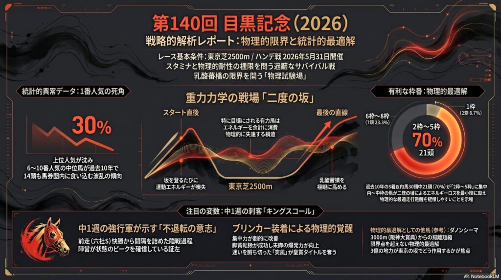 【全体構成】 まめたか競馬 独自の 戦略的 統計的 解析を 一枚に 凝縮した 高密度 インフォグラフィック 無機質な グレーと 鋭い 朱赤を 基調とした 解析的 デザインが 権威性と 専門性を 演出する 勝利への 羅針盤
【コースの 物理学： 二度の 坂】 東京競馬場 芝2500メートル コース図の 物理的 解析 スタート直後の 上り坂と 最後の 直線の 上り坂を 二度 攻略せねばならぬ 異常な 負荷を 図解 乳酸蓄積が 限界に 達する サバイバル レースの 物理的 背景の 解説
【統計の 罠： 1番人気の 死角】 過去10年の 単勝1番人気 勝率 30.0% という 衝撃の データを 可視化した グラフ ハンデ戦 特有の 荒れる 傾向と 目標に される 強者の 物理的 失速を 示す 統計的 根拠
【異常データ： 2枠〜5枠の 聖域】 過去10年の 3着以内馬 30頭中 21頭を 占める 2枠から 5枠の 圧倒的な 優位性を 示す 枠番別 成績図 内枠から 中枠が 物理的に 立ち回りやすい コース 特性の 視覚化
【不気味な 変数： 中1週の 刺客】 注目馬 キングスコールを 紹介する プロフィール パネル 前走 六社Sからの 中1週 という 異常な 臨戦過程と ブリンカー 装着による 覚醒を 解析 陣営の 不退転の 意志（ポリティクス）を 示す 解析文
【最終 誘導： 解析の 全貌】 最下部に 配置された まめたか競馬 ロゴと 検索窓 グラフィック 詳細は まめたか競馬で 検索 という 強い 誘導文 乳酸蓄積の 限界を 超えた 先に ある 物理的 最適解を 求める 読者への 問いかけ