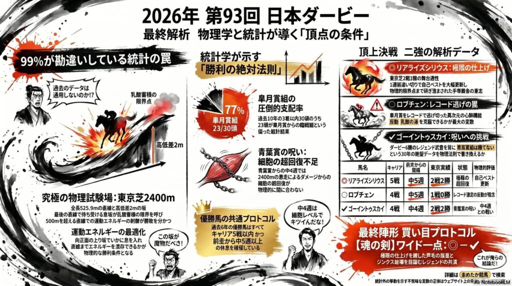 第93回日本ダービー（東京優駿）物理統計解析インフォグラフィックの全体像。力強い水墨画の背景に以下の4つの解析データが配置されている。
物理的制圧（コース解析） 東京競馬場芝2400mの断面図と平面図。全長525.9mの直線と高低差2mの坂がもたらす「乳酸蓄積の限界」および「運動エネルギーの精密制御」の必要性を図解。
統計的呪縛（前走データ） 過去10年の3着以内馬30頭のうち、23頭（76.7%）が皐月賞組であるという圧倒的優位性のグラフ。
青葉賞の罠（細胞の超回復） 「青葉賞の呪い」の科学的根拠。同じ東京2400mを激走した後の「中4週」では、細胞の超回復が物理的に間に合わないことを示すバイオリズム図。
勝利の絶対条件（プロトコル） 過去の優勝馬に共通する「キャリア5戦以内」および「前走から中5週以上の間隔」という統計的絶対条件の明記。
最重要観測個体の対比 皐月賞レコード逃げによる反動（罠）が懸念されるロブチェンと、自己ベスト大幅更新で極限まで仕上げた（超回復完了）リアライズシリウスの物理特性比較。