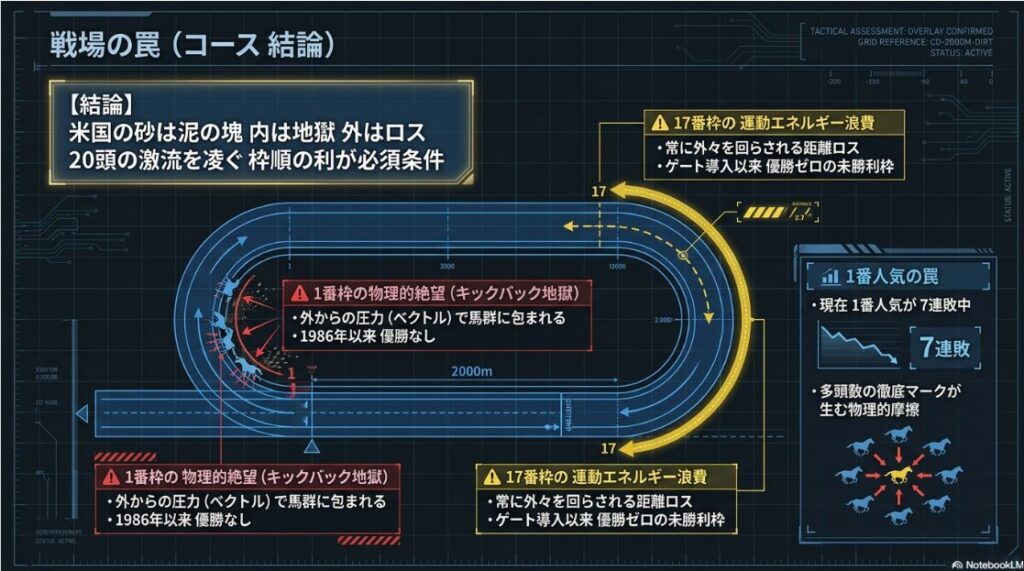 チャーチルダウンズ競馬場 ダート2000m コース解析図 第1コーナーの 物理的摩擦と 激しい キックバックを 示す 統計 データ