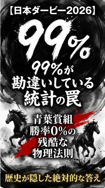 第93回日本ダービー（東京優駿）解析スライドの表紙 爆発的な水墨画（Forceful Sumi-e）で描かれた競走馬の背景に「99%が勘違いしている統計の罠」「青葉賞の呪いとレコード逃げの罠」というキャプション