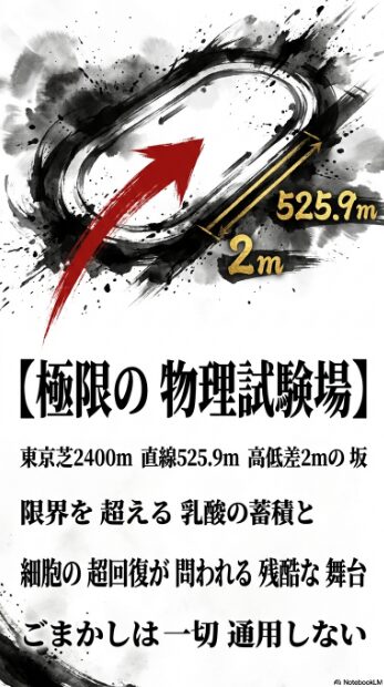 東京競馬場芝2400mの物理的解析図 直線525.9mと高低差2mの坂による「乳酸蓄積のタイムリミット」を解説した図解スライド