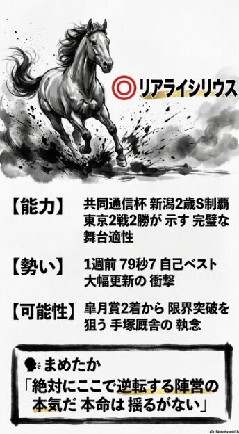 統計的必須個体リアライズシリウスの分析スライド 自己ベストを大幅更新した調教データと「本命は揺るがない」という軍師まめたかの断定的コメント