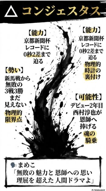 細胞の衝撃コンジェスタスの分析スライド 無傷の3連勝とコースレコードに迫る物理的時計の裏付け 西村淳也騎手の「魂の騎乗」に関するエピソード