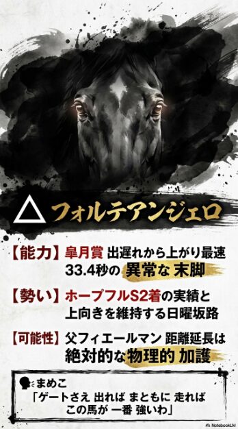 鉄壁の盾フォルテアンジェロの分析スライド 皐月賞上がり最速33.4秒を記録した異常な末脚と「距離延長は物理的加護」という血統的評価