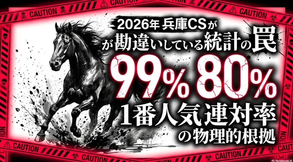 2026年 兵庫チャンピオンシップ 表紙画像 99%が 勘違いしている 統計の 罠 1番人気 連対率 80%の 物理的 根拠と 記載された 墨絵風 競走馬が 砂煙を 上げ 疾走する 迫力の ある 視覚的 制圧画像