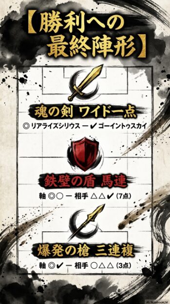 帝国の買い目プロトコルに基づく最終陣形図 魂の剣（ワイド一点）、鉄壁の盾（馬連）、爆発の槍（三連複）のフォーマットによる戦略的構成
