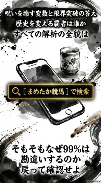 ウロボロス構造による検索誘導スライド 「詳細はブログ要塞まめたか競馬で検索」という誘導文と冒頭の「統計の罠」へループさせる構成