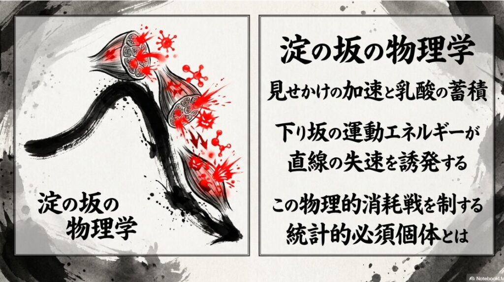 淀の 坂が 生む 物理的 錯覚 上り坂での 酸素負債と 下り坂での 位置エネルギー 変換 乳酸の 海に 沈む 先行馬の 絶望と 直線の 失速