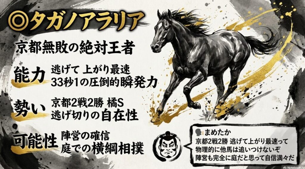 ◎ タガノアラリア : 京都無敗の 絶対 王者 能力: 橘Sを 逃げ切り 33.1秒の トルクを 放つ 勢い: 京都 2戦 2勝 舞台 適性は 他馬を 圧倒 可能性: 西園厩舎の 自信が 漂う 庭での 横綱相撲 🗣️ まめたか 「京都 2戦 2勝は 物理的に 他馬は 追いつけないぞ