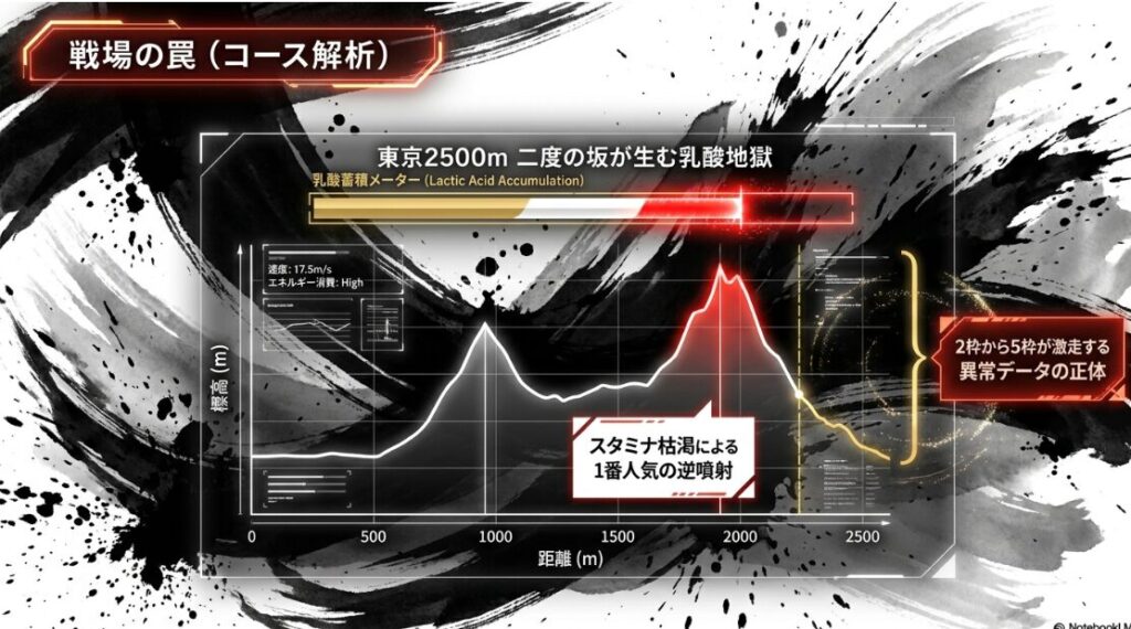 東京競馬場 芝2500メートル コース図 スタート直後と 最後の 直線に 位置する 二度の 坂を 強調した グラフィック 乳酸蓄積による 物理的 限界と 1番人気が 失速する 統計的 根拠の 解説
