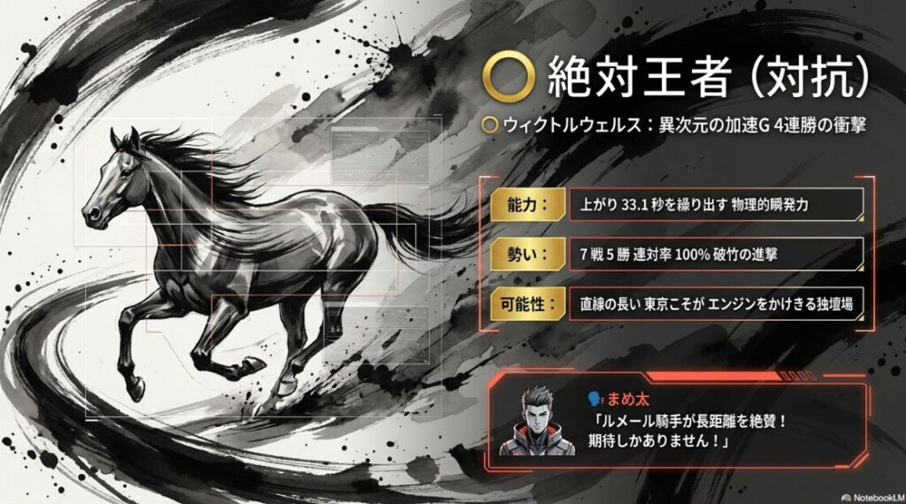 ◯ ウィクトルウェルス 競走馬 プロフィール 4連勝中の 勢いと 上がり 33.1秒の 瞬発力を 示す 数値データ ルメール騎手が 絶賛する 長距離 適性の 証明 まめ太の 吹き出し コメント