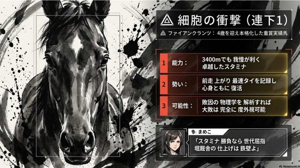 △ ファイアンクランツ 競走馬 プロフィール ダイヤモンドステークス 2着の 実績と 4歳 覚醒を 示す 成長 曲線 セントライト記念の 大敗を 度外視する 敗因の 物理学 まめこの 吹き出し コメント