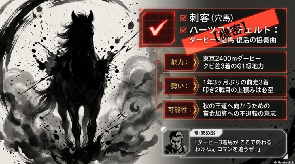 ✔︎ ハーツコンチェルト 競走馬 プロフィール 日本ダービー 3着の 地力と 1年3ヶ月ぶりの 復帰戦での 上積みを 解析 秋の 王道へ 向かうための 政治的 判断と ロマン まめ郎の 吹き出し コメント