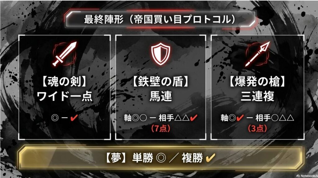目黒記念 2026 最終 陣形 帝国 買い目 プロトコル 魂の剣 ワイド 鉄壁の盾 馬連 爆発の槍 三連複の 投資 配分 アイコンを 用いた 視覚的な 買い目 提案 グラフィック