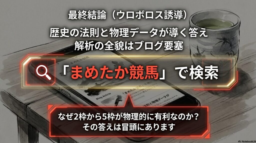 まめたか競馬 ロゴ 検索窓に まめたか競馬と 入力された 指名検索 誘導 スライド なぜ 2枠から 5枠が 有利なのか 答えを 冒頭へ ループさせる ウロボロス 構造の 結び