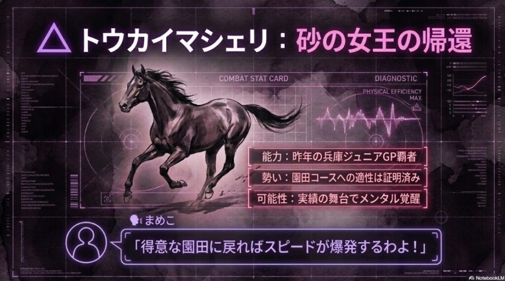 △ トウカイマシェリ 昨年の 兵庫ジュニアGP 覇者 園田 1400mへの 高い 適性と メンタル 覚醒による スピード 爆発を 予感させる まめこの 冷静な 分析
