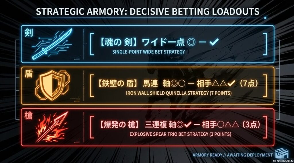 買い目 プロトコル 最終 陣形 魂の 剣 ワイド一点 鉄壁の 盾 馬連 7点 爆発の 槍 三連複 3点の フォーマットと 独自の 買い目 構築案