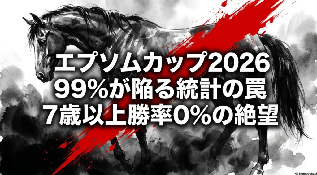 エプソムカップ 2026 統計の 罠を 暴く 表紙画像 背景は 迫力ある 黒と金の 水墨画 競走馬が 猛然と 駆ける シルエット 中央に 「7歳以上の 生存率 0.0% の 物理的 根拠」 と 巨大な 白文字 統計学と 物理学による 競馬 解析を 象徴する デザイン