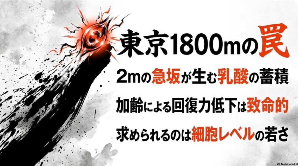 東京競馬場 芝 1800m コース図と 物理的 負荷の 解説 高低差 2mの 坂を 強調した 断面図 アイコン 「乳酸 蓄積」 と 「細胞の 回復力」 を キーワードに コース 特有の 物理的 限界点を 図解する インフォグラフィック