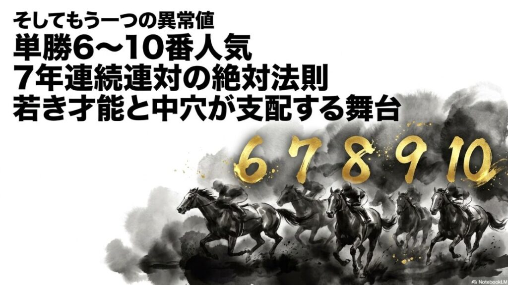 単勝6～10番人気が 7年連続で 連対する
若き才能と中穴が支配する舞台

