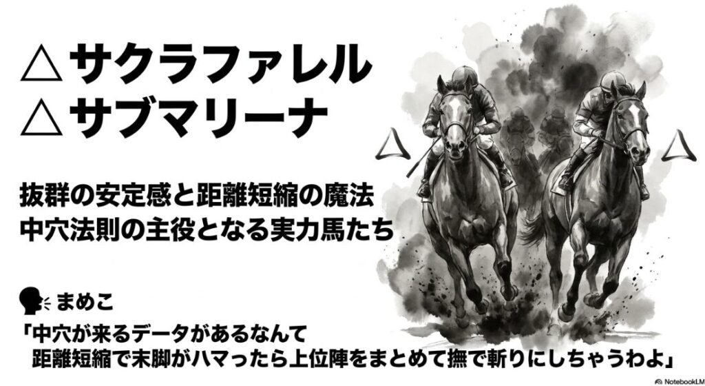 △ サクラファレル 4歳 牡馬 の 潜在能力 解説 「1800mこそが 物理的 ベスト」
△ サブマリーナ 5歳 牡馬 の 物理的 特性 スライド 新潟大賞典 2着の 末脚を 墨絵の 掠れで 表現