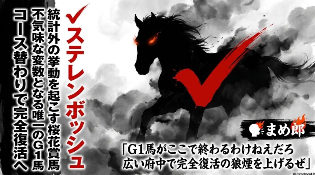  ✔︎ ステレンボッシュ 5歳 牝馬 復活の 兆し 桜花賞馬としての 威厳を 示す 鮮烈な 朱赤の エフェクト 「唯一の G1 タイトル 保持者」 の 巨大な キーワード 名前を 一部 伏せつつ まめ郎が 復活の 狼煙を 宣言