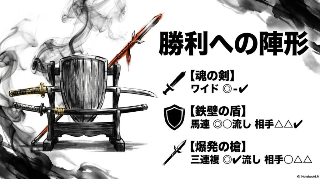 エプソムカップ 2026 最終的な 買い目 提案 「魂の 剣」「鉄壁の 盾」「爆発の 槍」 の 3つの 陣形を 剣と 盾の アイコンと共に 整理した 表形式の デザイン ◎ ◯ △ ✔︎ の 記号が 織りなす 勝利への 陣形