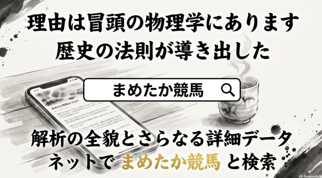 結びと 検索 誘導の スライド 白背景に 黒の 筆文字で 「詳細は ブログ要塞 まめたか競馬 で 検索」 検索窓の アイコンと 指の ポインターが ブログへと 誘う 動画の 冒頭へと 繋がる 無限 ループを 示唆する 一言