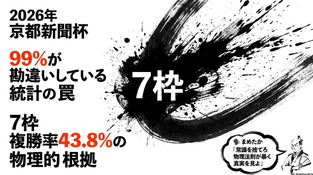 第74回京都新聞杯（2026年）の 表紙スライド 荒々しい 水墨画で 描かれた 競走馬が 墨飛沫の中を 突き進む 画面中央には 統計の 異常値を 象徴する 鮮烈な 朱赤の数字 「7」 が 輝き 背景には 6億円の 価値を 示す 金色の エネルギーが 渦巻いている
