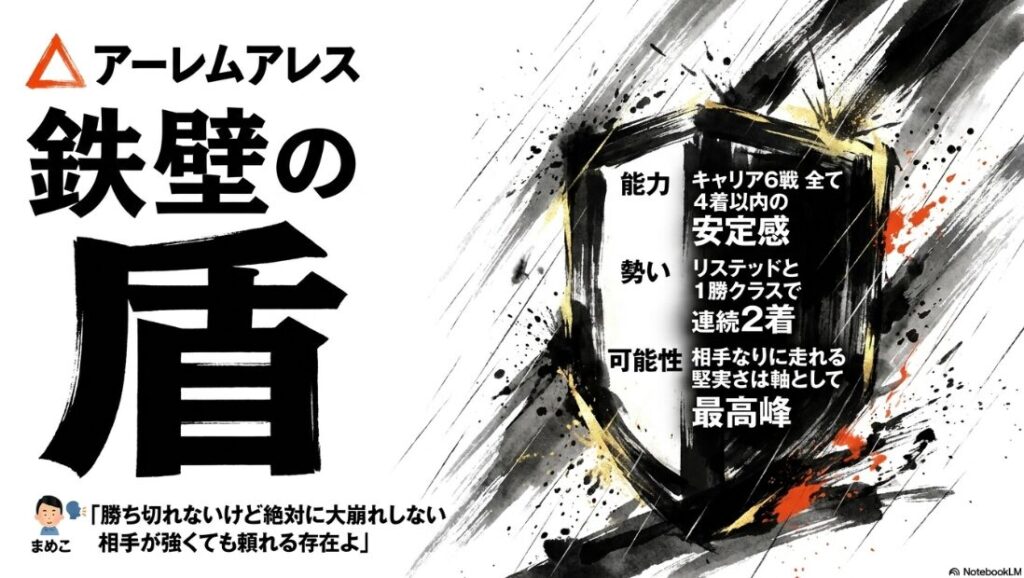 連下 △アーレムアレスの 個別分析スライド 激しい 墨の 飛沫を 受け止めながらも 決して 崩れない 堅牢な 馬体 6戦全て 掲示板を 外さない 鉄壁の 安定感と 戦神の 名にふさわしい 威厳を 表現している
