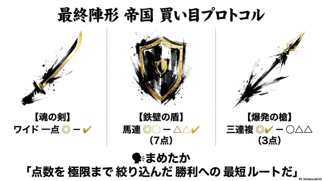 最終的な 勝利への 陣形を 示す スライド 魂の剣 鉄壁の盾 爆発の槍 を 象徴する 剣・盾・槍の アイコンが 朱赤と 金の 墨で 鮮やかに 描かれている 帝国独自の 買い目プロトコルを 視覚化した 決戦図