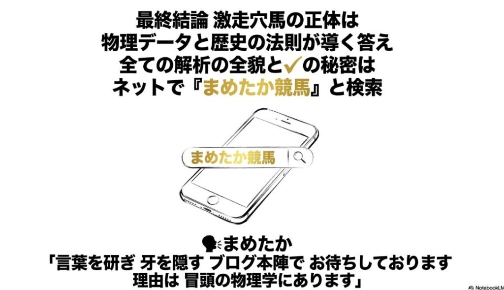 最終結論と ブログへの 誘導スライド 落ち着いた 墨の トーンで 描かれた スマートフォンと 伝統的な 湯呑み 「まめたか競馬」 への 指名検索を 促す 検索窓の 画像を 配置し ウロボロス構造を 完結させている