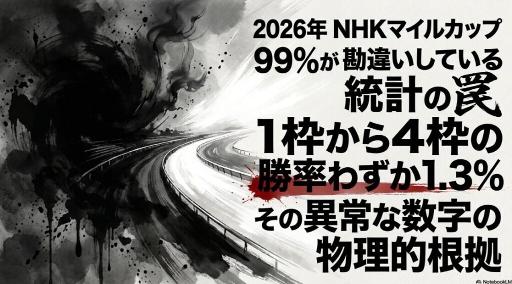 2026年 NHKマイルカップ 表紙スライド 1番人気の 呪縛と 内枠死滅の 罠 勝率1.3%に 隠された 物理的 根拠を 提示する 墨絵風の 巨馬